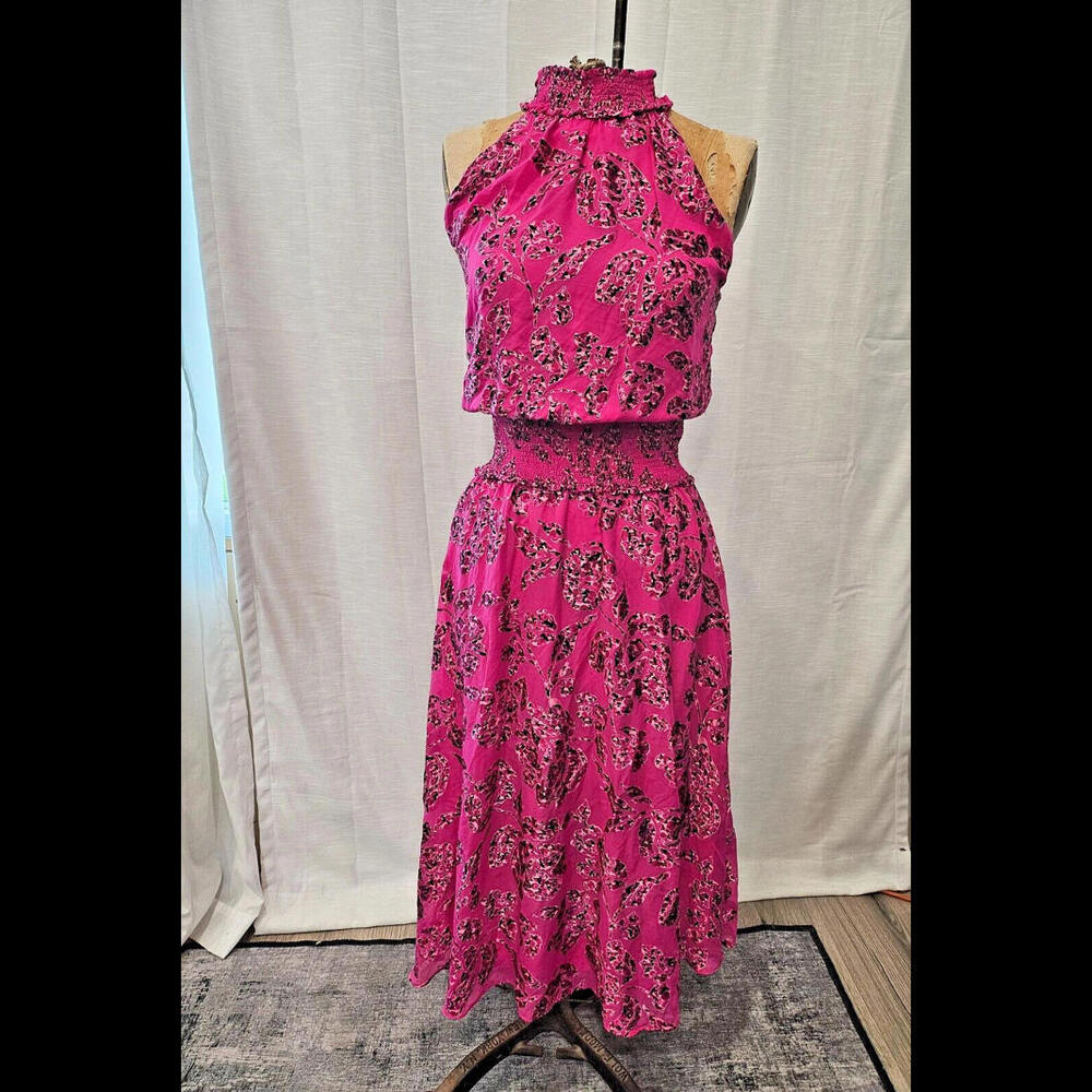 WHBM Pink Floral Burnout Smocked Midi Dress Size 6 NWT FREE SHIPPING